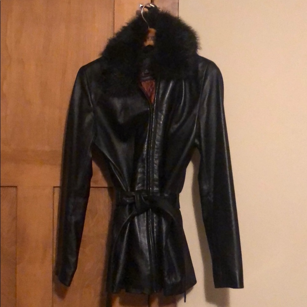 Vintage Black Leather Jacket with Faux Fur collar